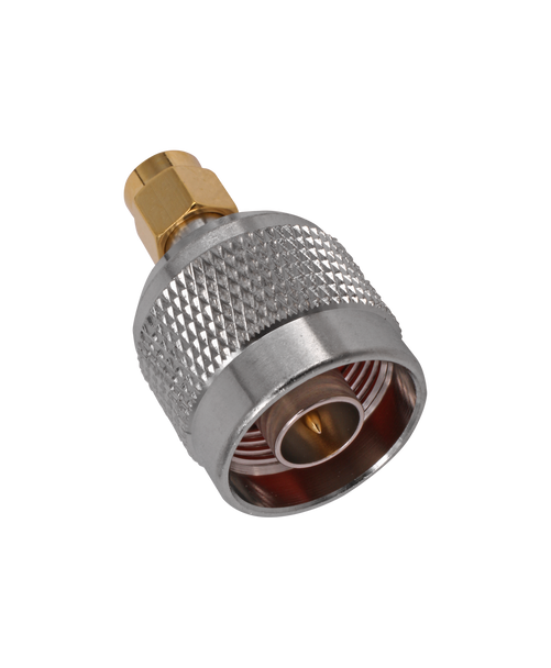 Hills Antenna BC85300 N Male to SMA Male straight-bodied adapter in nickel-plated brass, supporting 3GHz RF coaxial connections