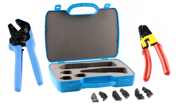 Hills Antenna BG85420 Communications Installer\'s Tool Kit with a crimping tool, coaxial cable cutter, and various dies laid out