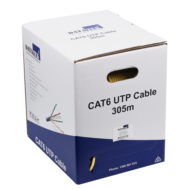DATATEK CAT6 UTP Cable 305m yellow box front view with pull-out design