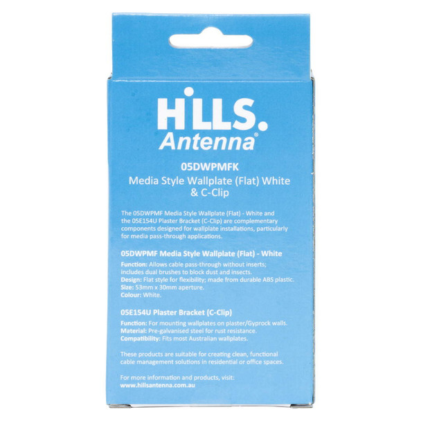 Hills Antenna Flat Media Style White Wallplate with C-Clip Packaging Rear View