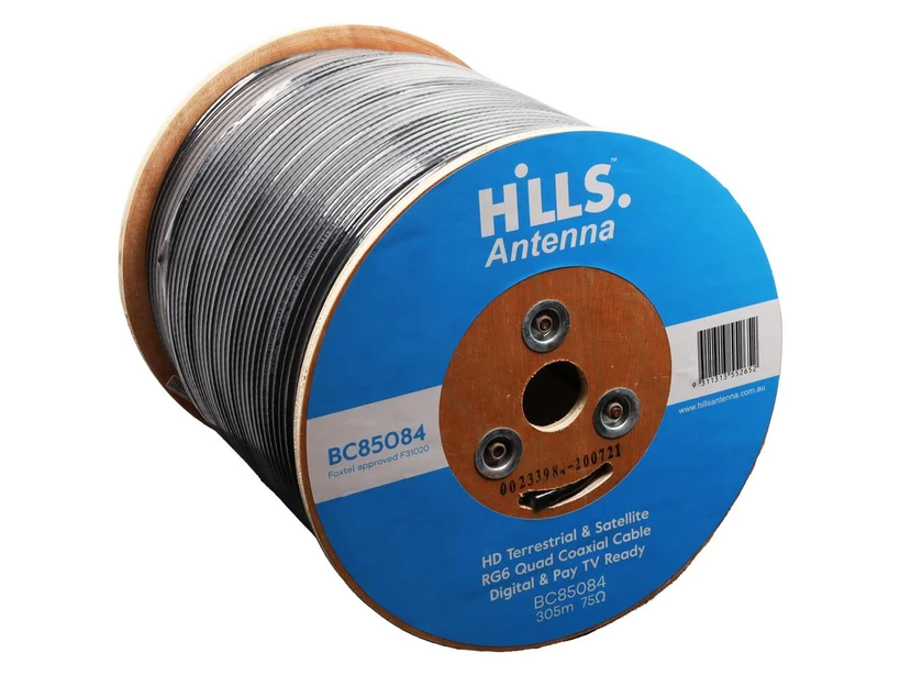 Full 305 m drum of Hills Antenna RG6 quad shield coaxial cable on site ready for professional antenna installation