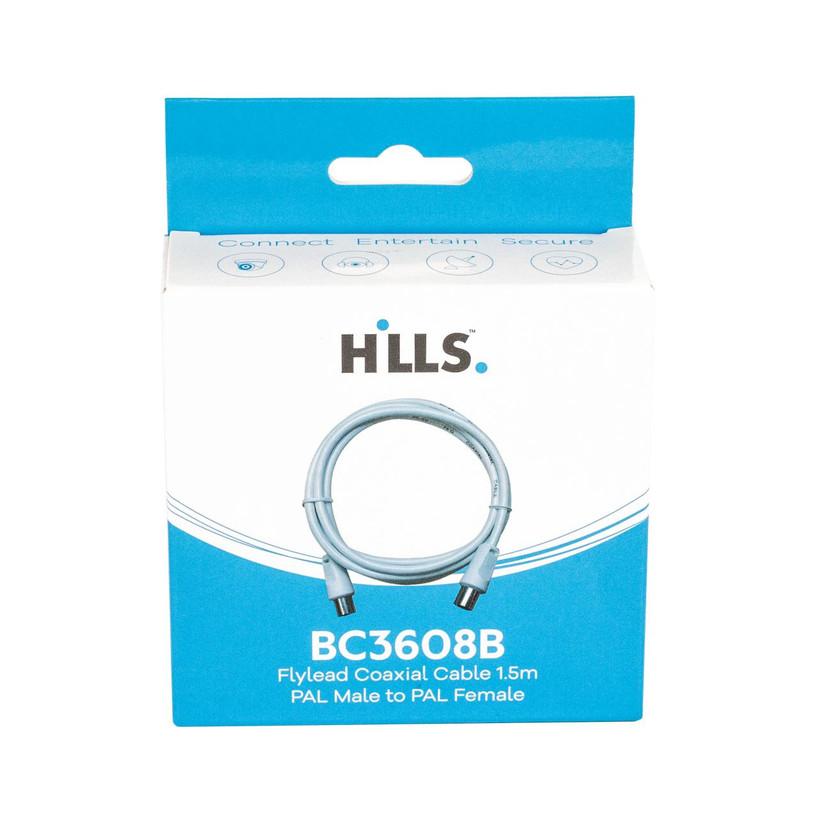 Hills Antenna BC3608B 1.5m PAL male to female flylead coaxial cable packages in display box