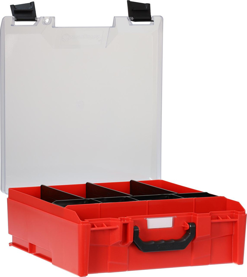 StorageTek Case Large Clear PC Lid c/w dividers-Red with Black Clasps