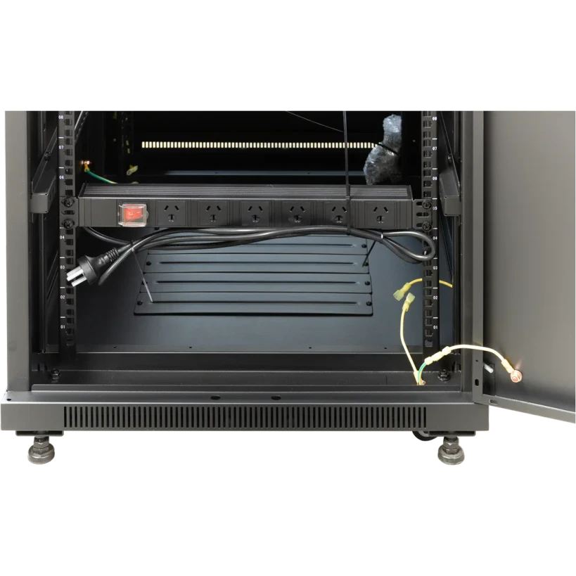 Closeup view of 6-way vertical Australian power rail in Datatek 24A42R68FPS 42U 800mm Deep Cabinet