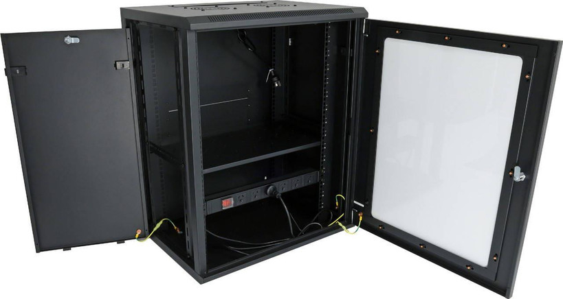 Open Datatek 24B15RW64FPS cabinet showing removable side panels and fixed shelf for networking equipment installation