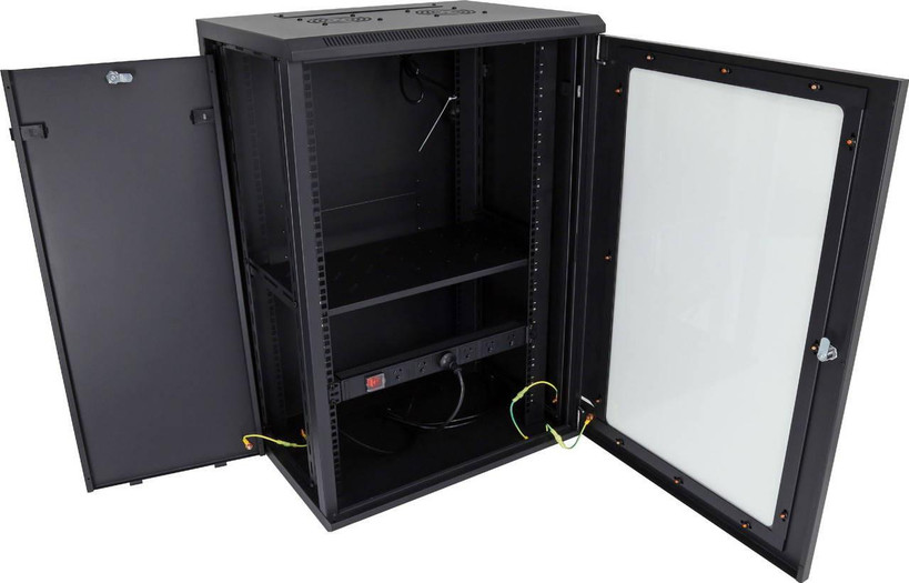 Open Datatek 24B18RW64FPS cabinet showing removable side panels and fixed shelf for networking equipment installation