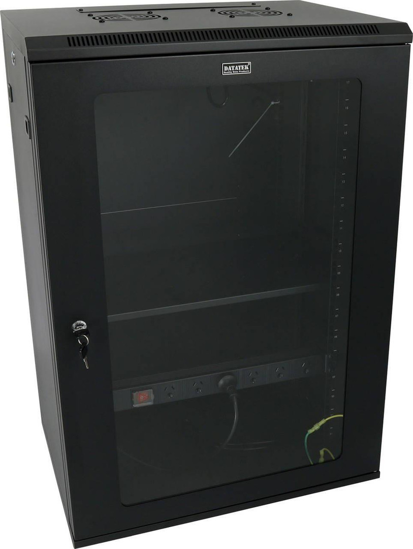 Datatek 24B18RW64FPS 18U wall mount cabinet front view with tempered glass door and black powder coated frame for 19\" racks