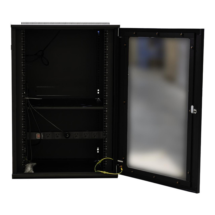 Toughened glass door open on Datatek 24B18R66FPS wall cabinet showing installed fans pdu and shelfs