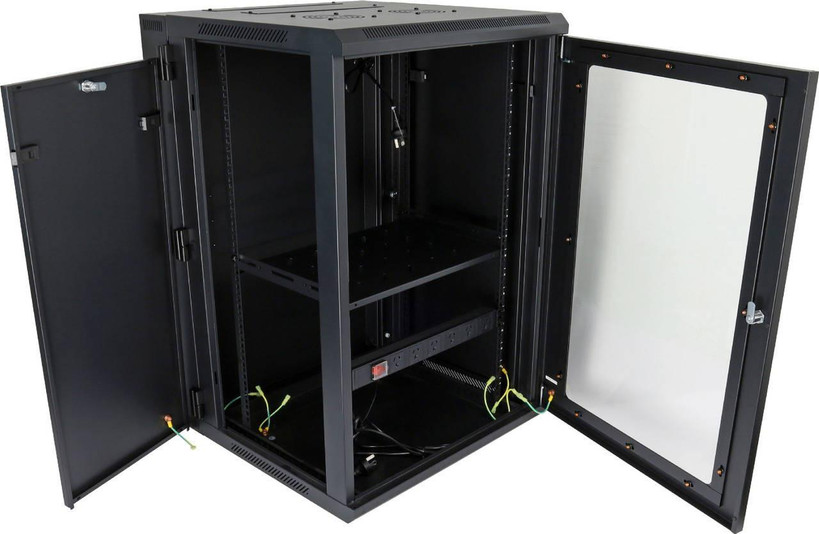 Datatek 24B18RWS66FPS cabinet with toughened glass door opened and removable side panels with keys