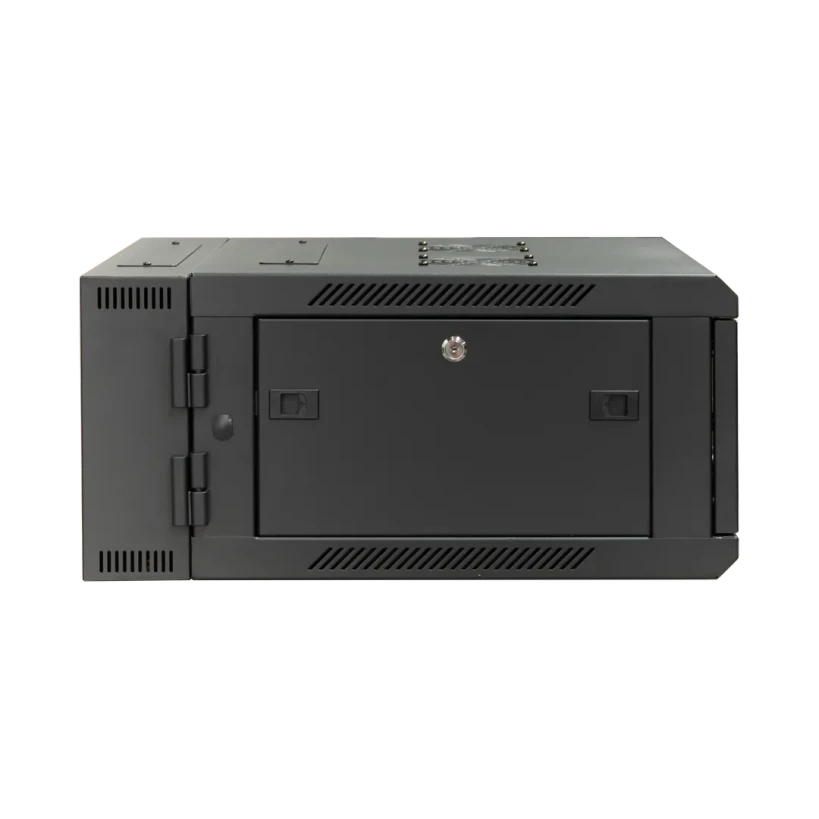 Side view of Datatek 4U 600mm Swing Frame Wall Mount Data Cabinet showing lockable side panel