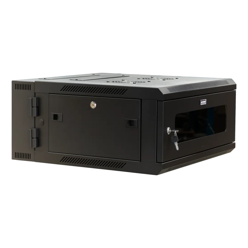 Front angle view of Datatek 4U 600mm Swing Frame Wall Mount Data Cabinet showing lockable front door and side panel