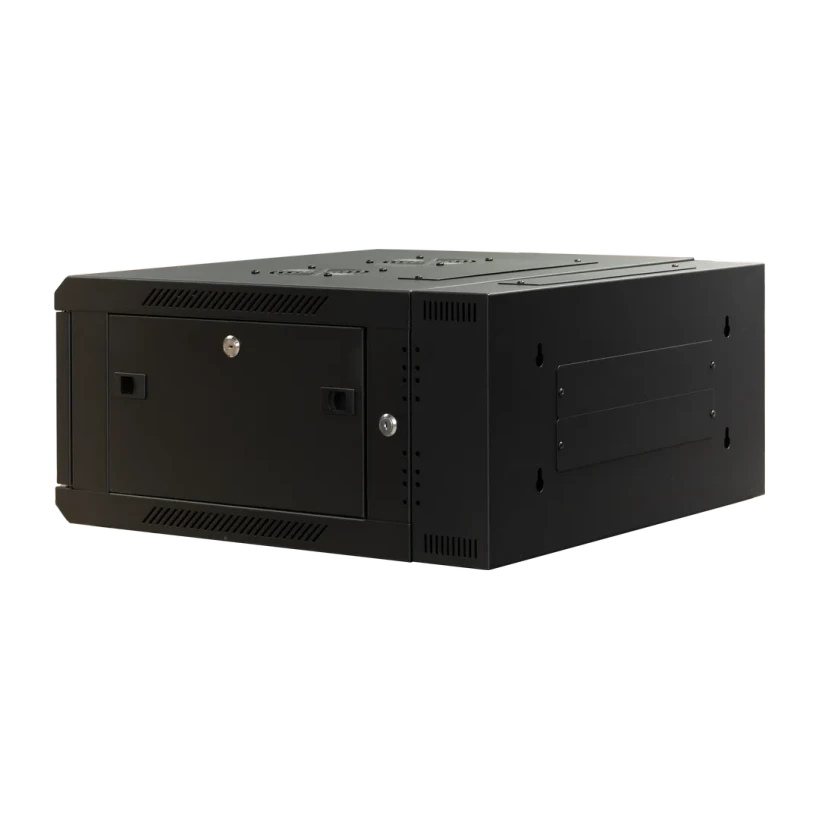 Side view of Datatek 4U 600mm Swing Frame Wall Mount Data Cabinet showing lockable side panel and removable rear door