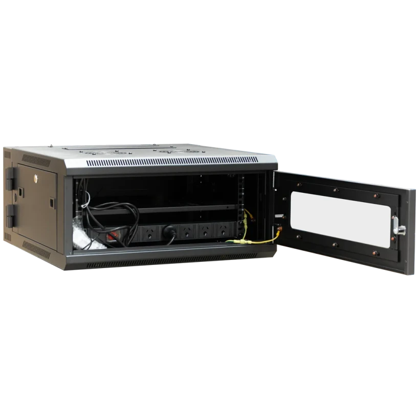 Front angle view of opened door of Datatek 4U 600mm Swing Frame Wall Mount Data Cabinet