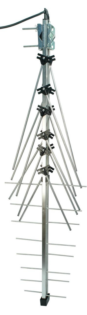 Silver 28-element Metropolitan UHF/VHF antenna showing folding elements for channels 6-35