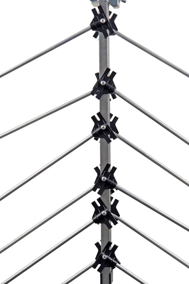 Close-up of Silver 28-element Metropolitan UHF/VHF antenna showing folding elements for channels 6-35