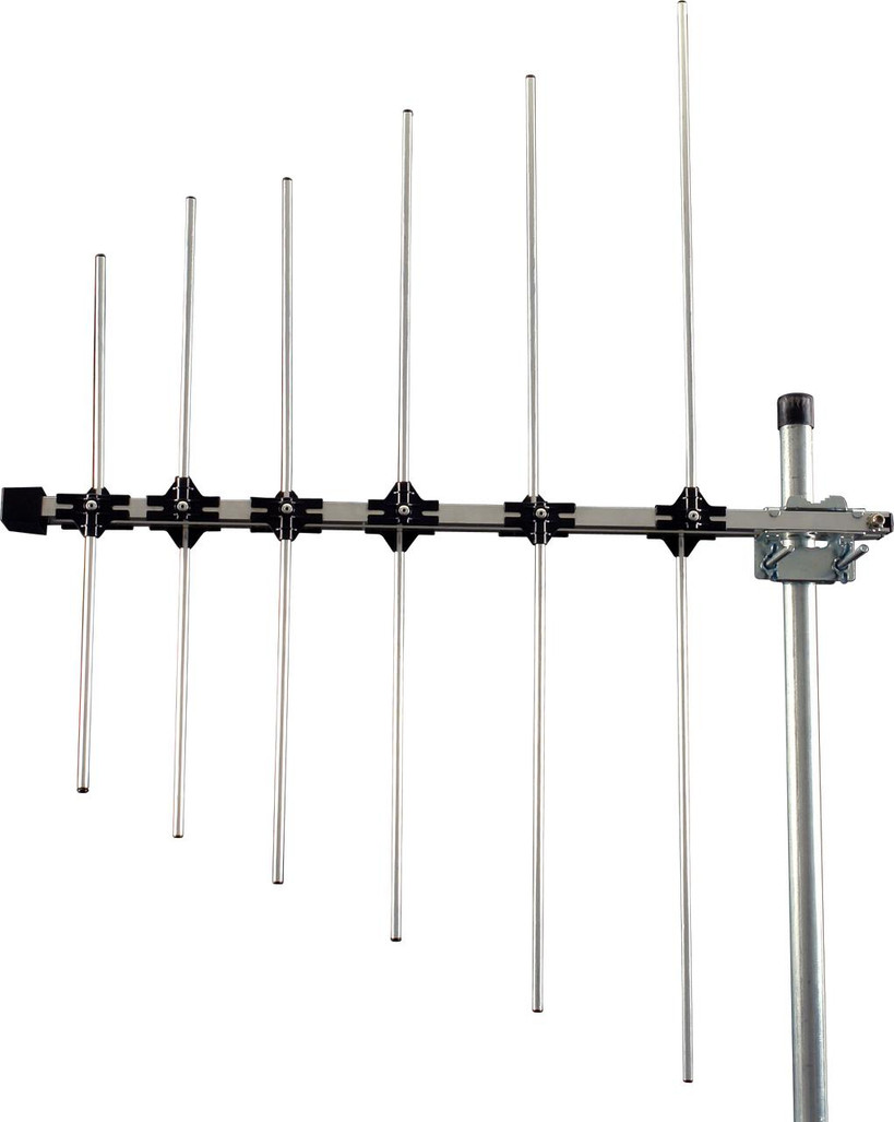 Silver 12-element Digitek folding VHF antenna with 655x850x70mm dimensions and U-bolt fitted on mast