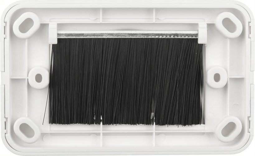 Profile shot of Digitek white bullnose wallplate showcasing robust ABS construction and dust-blocking black bristles