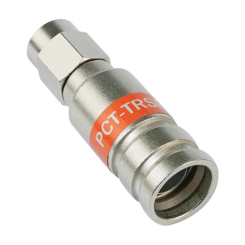 Close-up of PCT F11L F-Type connector showing patented split-ring washer and 360° compression rings for secure RG11 termination