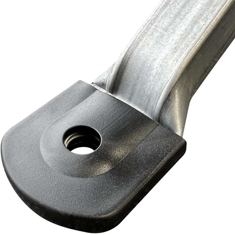 Close-up of Digitek tripod 44.5mm diameter mast with PVC feet caps pegged to ground, adjustable for uneven terrain