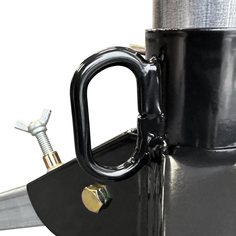 Close-up of Digitek tripod with heavy-duty welded iron loop for securing tripod (theft deterrent)