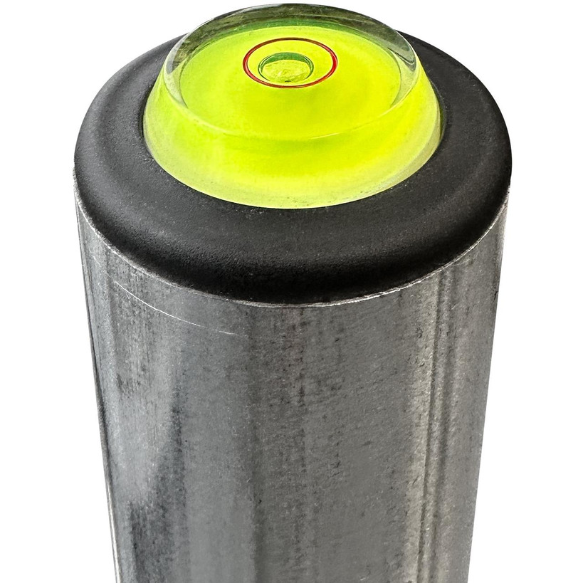 Close-up of Digitek tripod 44.5mm diameter mast with bubble level cap and welded iron security loop for theft prevention