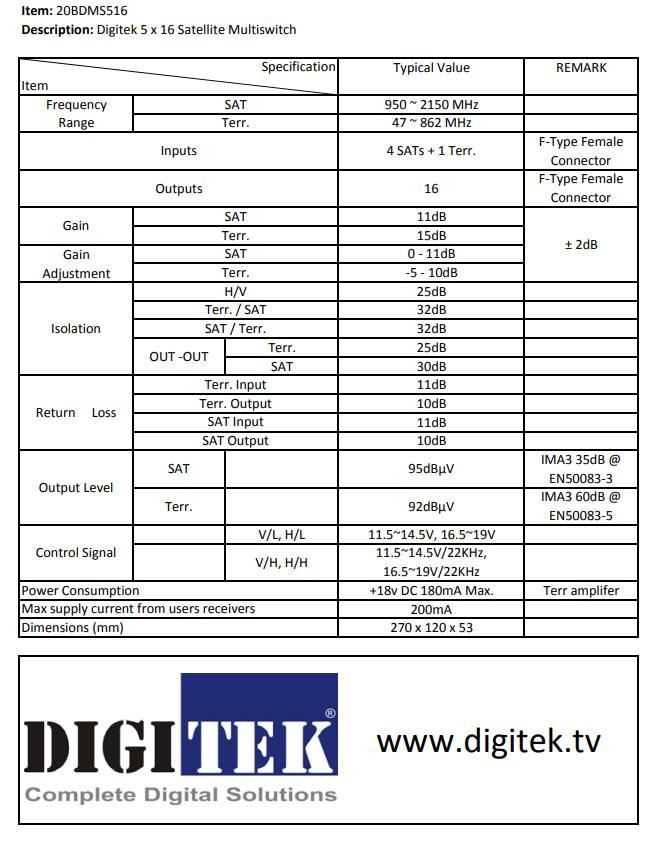 Digitek 20BDMS516 5x16 multiswitch specifications table
