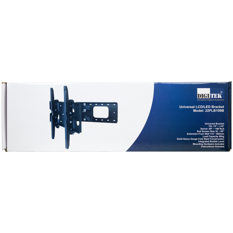 Digitek tilt swivel reach bracket display box with manual and mounting hardware, 1-year warranty for home installs