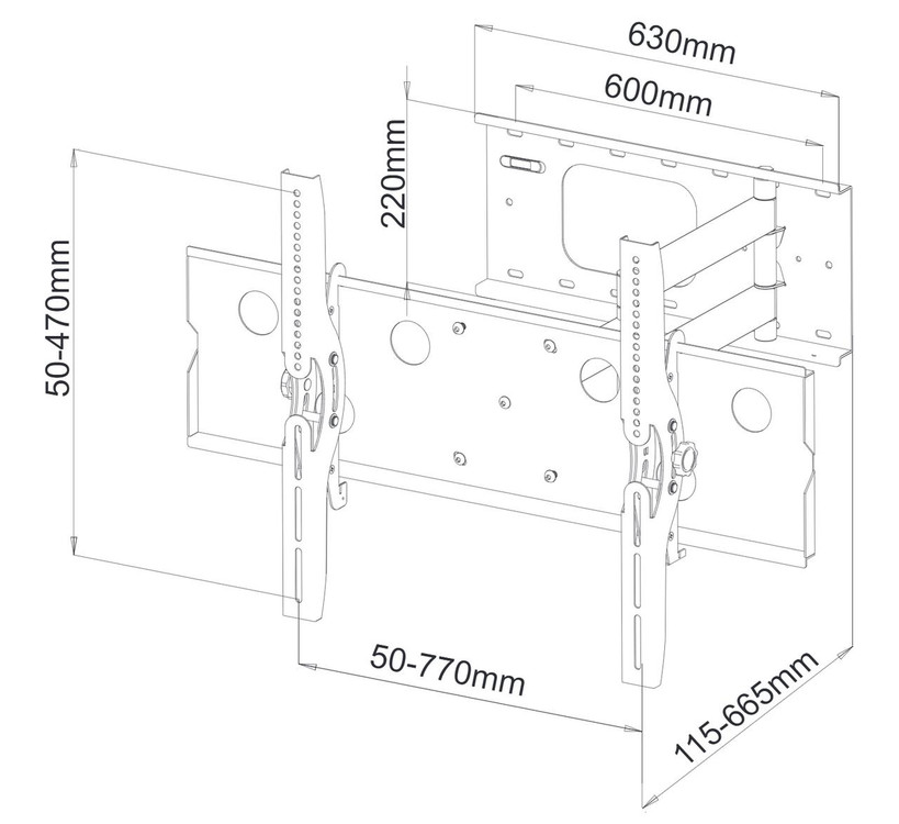 Digitek 32-60\" tilt swivel reach TV wall bracket schematic diagram showing dimensions