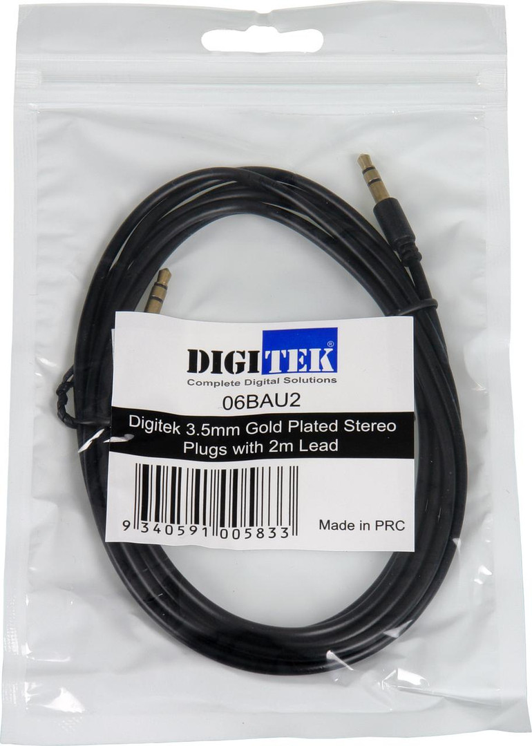 Digitek 2m 3.5mm male to male stereo aux cable gold plated black in hang sell packaging