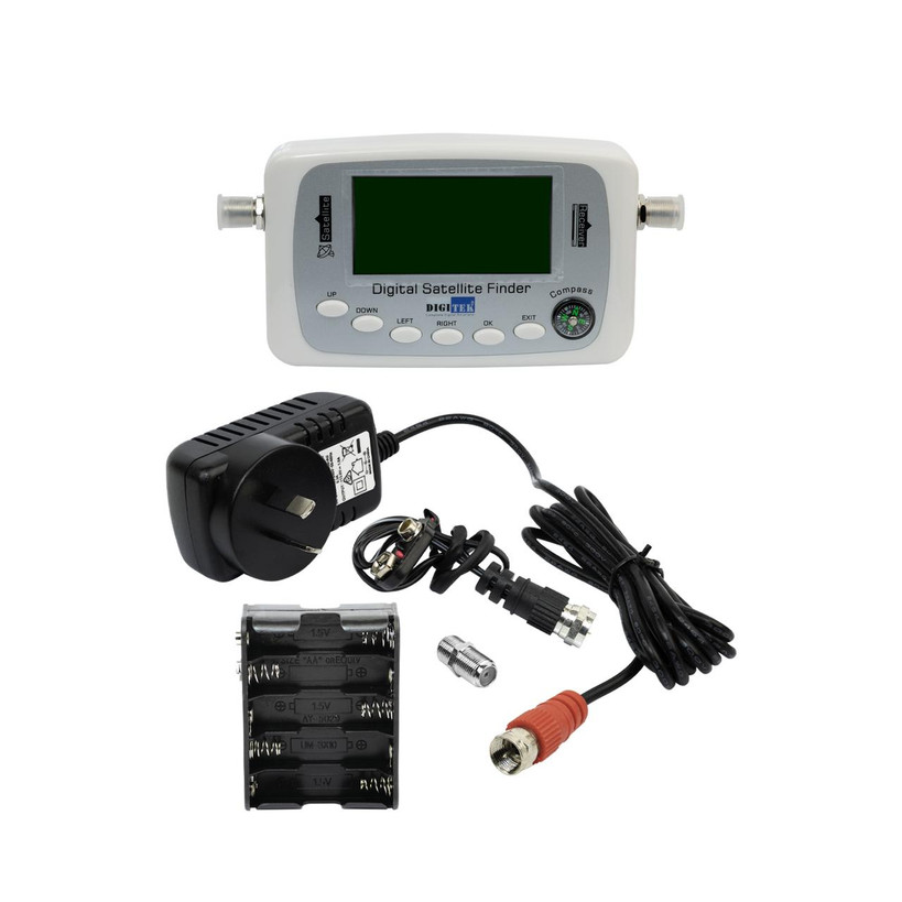 Digitek 18ASF-500 digital satellite finder in handheld black housing with LCD screen, compass, and F-Type connector for Australian DVB-S2 alignment