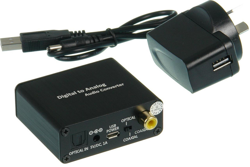 ProquipDigital 17HDAC digital to analog audio converter in black compact housing, optical/coaxial inputs to RCA/3.5mm outputs for high-res 192kHz playback