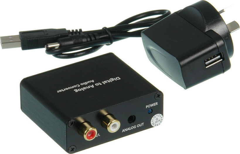 Close-up of ProquipDigital 17HDAC TOSLINK optical, coaxial input, dual RCA stereo, and 3.5mm jack outputs with DC/Mini USB power