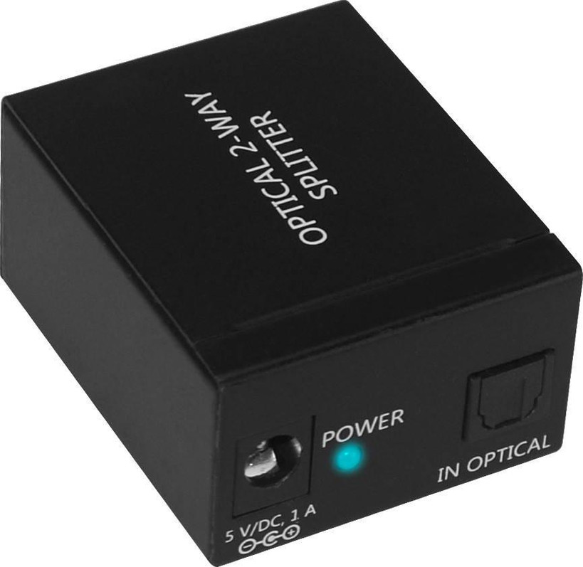 ProquipDigital 17HOPSP12 digital optical 2-way audio splitter in black compact housing with TOSLink input and dual outputs for lossless sound distribution