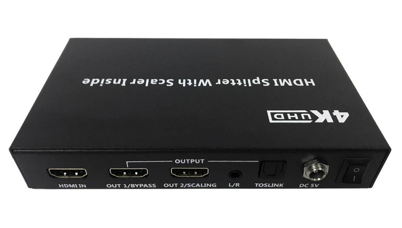 Close-up of ProquipDigital splitter HDMI inputs/outputs, TOSLINK/3.5mm audio extracts, and resolution selector for HDR scaling