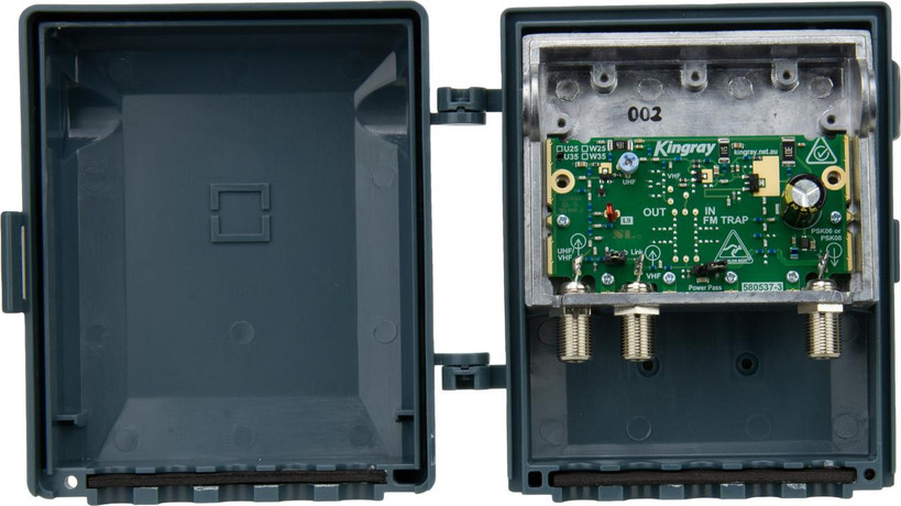 Kingray MHU35FS UHF masthead amplifier in fully shielded die-cast housing with F-Type connector, 35dB gain and 4G/5G filtering for FTA TV