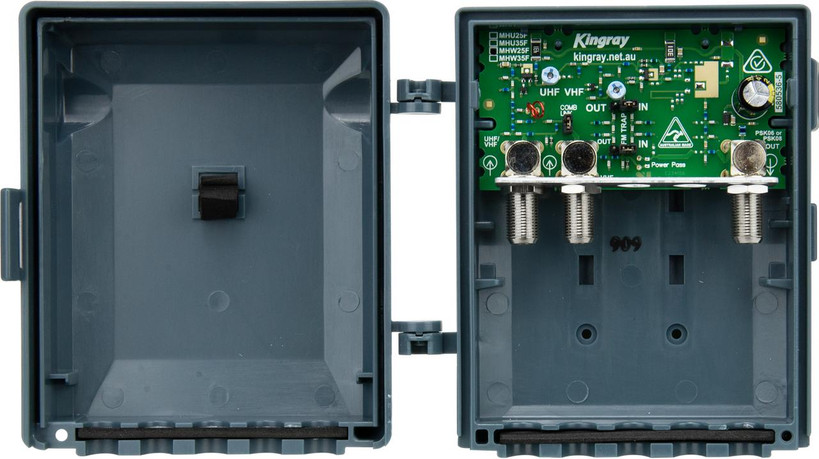 Kingray MHW25F VHF/UHF masthead amplifier in weatherproof housing with F-Type connectors, 25dB UHF gain for FTA TV