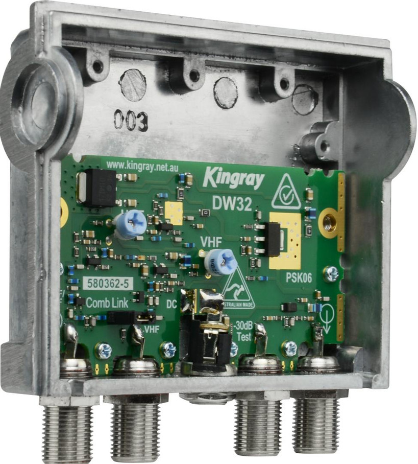 Kingray DW32 amplifier with PSK18S power supply, manual, and mounting screws, 3-year warranty for TV installs