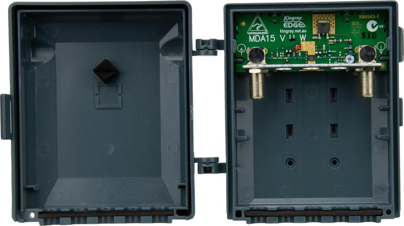 Kingray MDA15U UHF masthead amplifier in weatherproof housing with F-Type connectors and 4G/LTE filter, 15dB gain for clear FTA TV