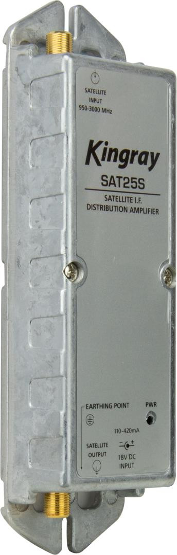 Side view of Kingray SAT25S gain distribution amplifier, 950-2400 MHz satellite amp with test point for simple tuning
