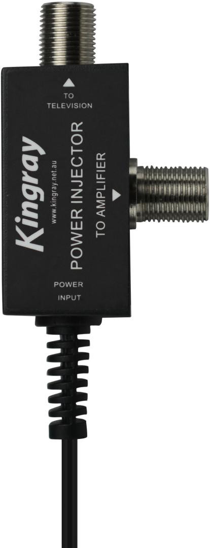 Close-up of Kingray PSK08F F-Type female connections and AC plug, short-circuit protected for safe installs