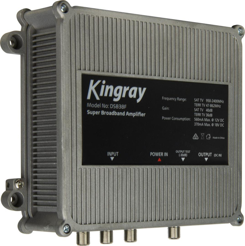 Side view of Kingray DSB38F gain/equalization knobs, -10dB attenuator switch, and -30dB test port for easy signal tuning