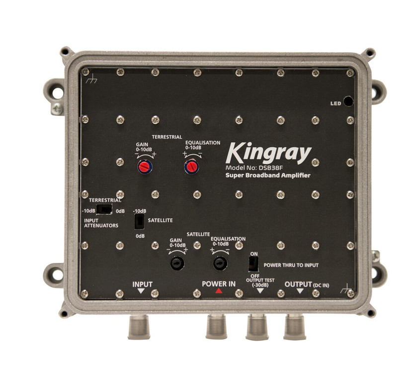 Front view of Kingray DSB38F Super Broadband Distribution Amplifier without front cover