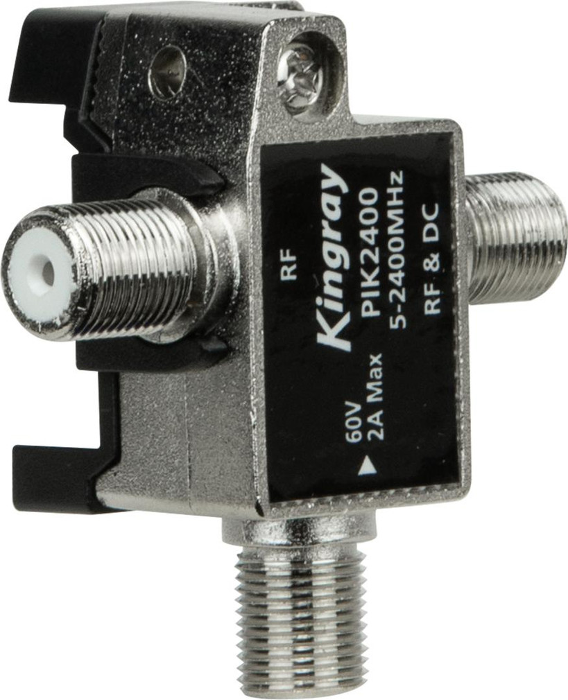 Close-up of Kingray PIK2400 F-Type male output, wideband 5-2400 MHz for Foxtel Multistacker setups