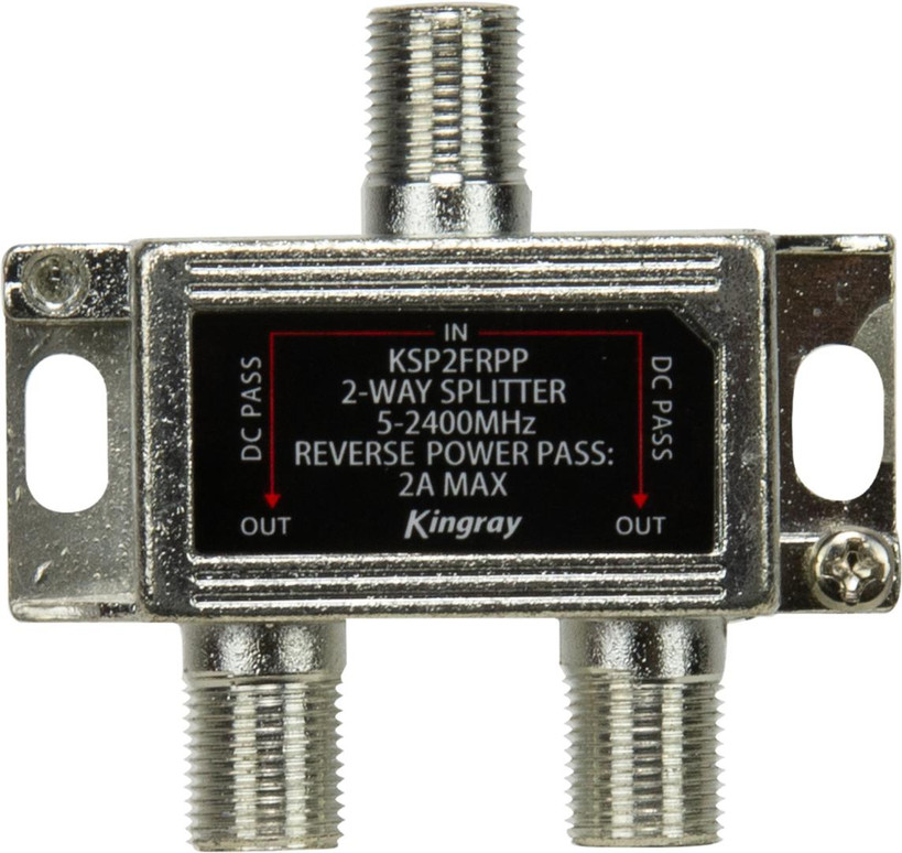 Kingray KSP2FRPP 2-way splitter with reverse power pass in small zinc housing, F-Type ports for simple TV signal division
