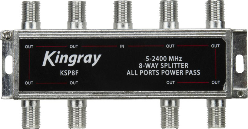 Kingray KSP8F 8-way splitter in compact zinc housing with F-Type ports, easy divider for home TV and satellite signals