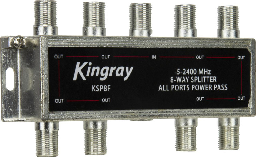 Side view of Kingray KSP8F input and eight power-pass outputs, simple F-Type setup for even sharing