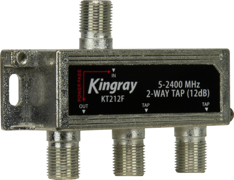 Side view of Kingray KT212F input, two tap outputs, and DC power pass-through, easy F-Type connections for beginners