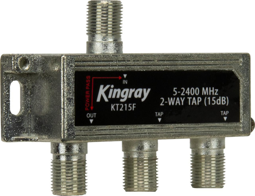 Close-up of Kingray KT215F input, 2 tap outputs, and 2A DC power pass-through on Foxtel-approved passive tap