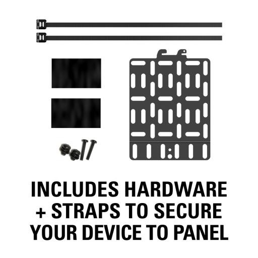 Sanus SASP1 Streaming Device Panel showing including hardware and straps to secure device to panel