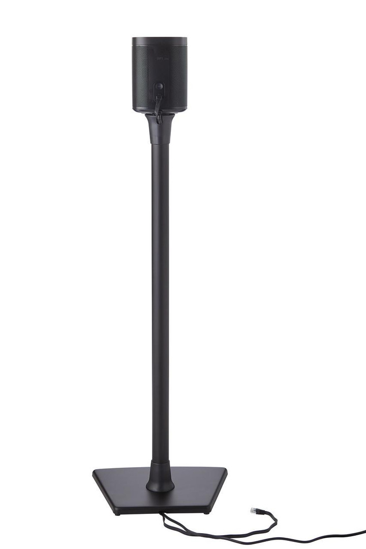 SANUS WSS21 stand with integrated wire channels concealing cables behind Sonos PLAY:1 speaker